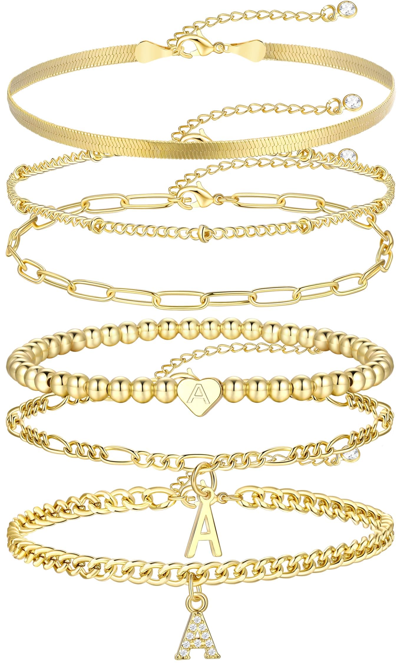 14K Gold Plated Initial Bracelet Set, Dainty & Stackable for Women