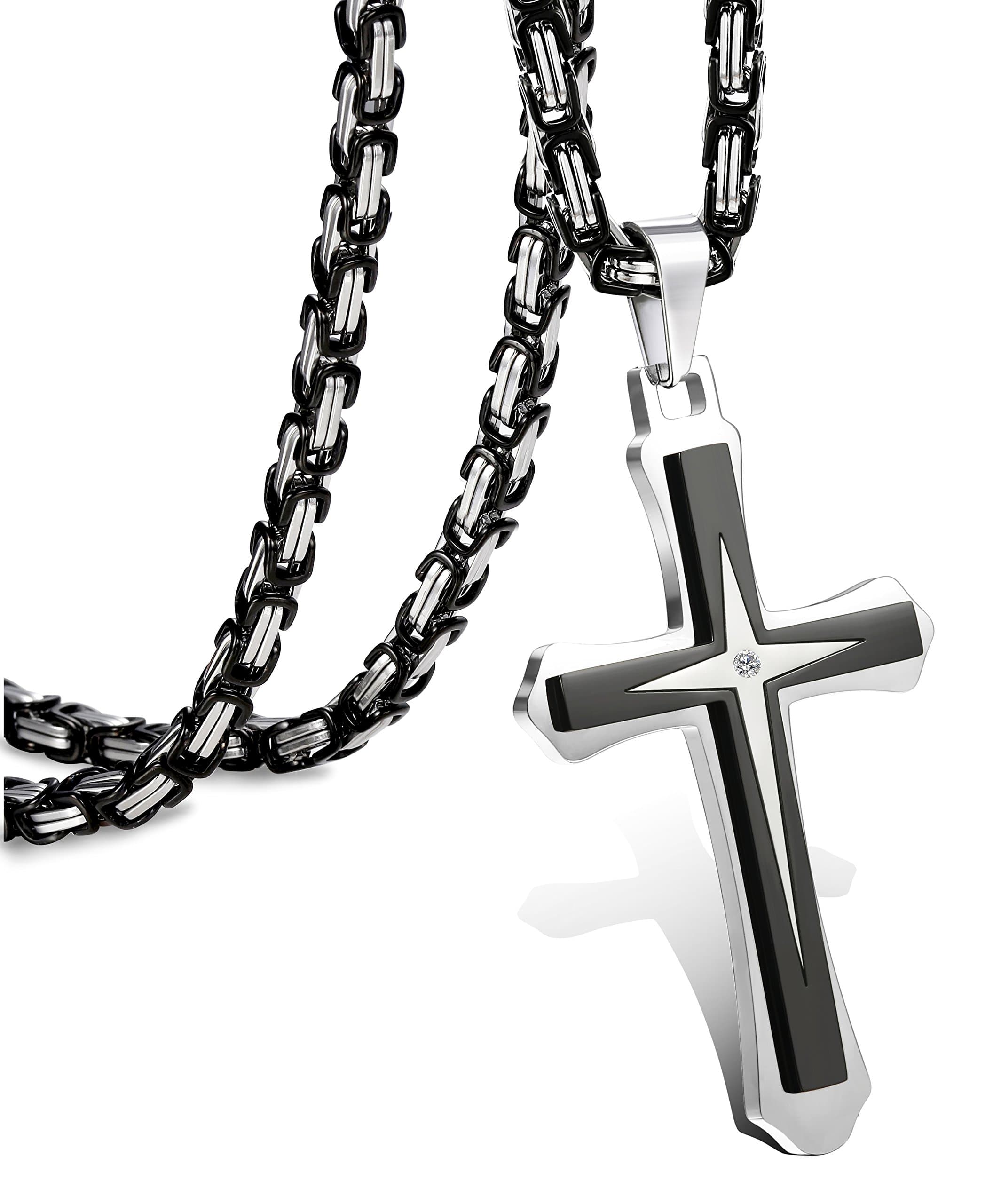 Lolestik Black Gold Cross Necklace for Men, Byzantine Chain, 22-30 Inch